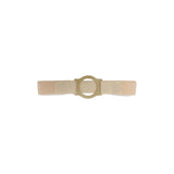 Beige ostomy belt with round plastic support and adjustable Velcro straps on white background