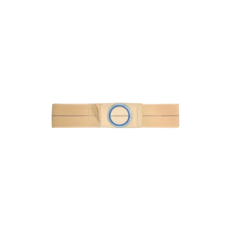 Beige medical hernia support belt with blue ring for ostomy care on white background