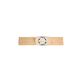 Beige medical hernia support belt with blue ring for ostomy care on white background