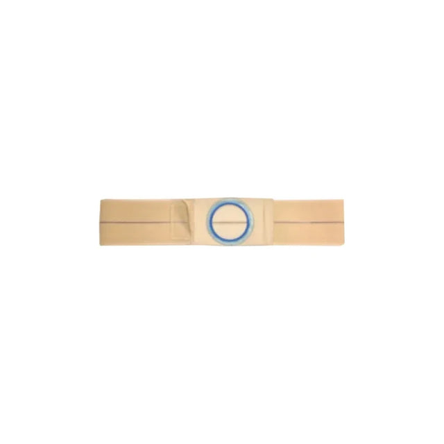 Ostomy support belt with blue ring and adjustable beige straps for medical use