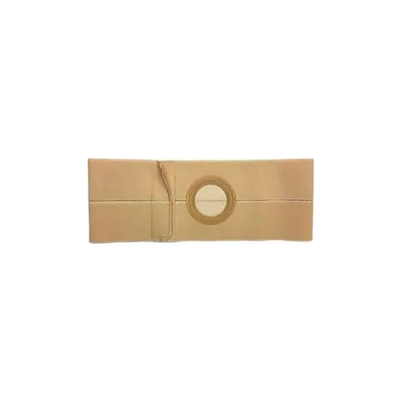 Beige ostomy support belt with central circular opening on white background
