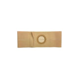 Beige ostomy support belt with central circular opening on white background