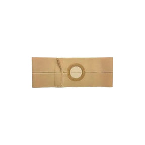 Beige ostomy support belt with central circular opening on white background