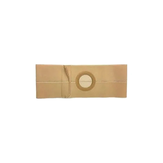 Beige ostomy support belt with central circular opening on white background