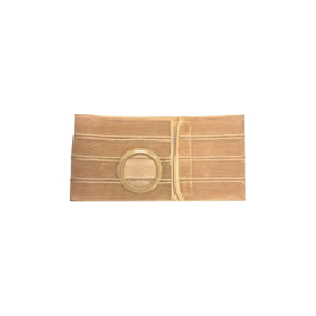 Beige medical ostomy support belt with circular opening on white background