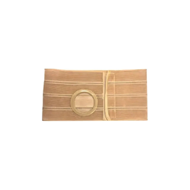 Beige medical ostomy support belt with circular opening on white background