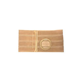 Beige medical ostomy support belt with circular opening, elastic straps, flat lay