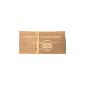 Beige medical ostomy support belt with circular opening, elastic straps, flat lay