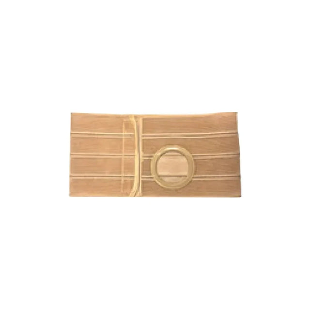 Beige medical ostomy support belt with circular opening, elastic straps, flat lay