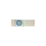 Ostomy support belt with adjustable straps and blue circular stoma opening, medical supply