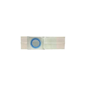 Ostomy support belt with adjustable straps and blue circular stoma opening, medical supply