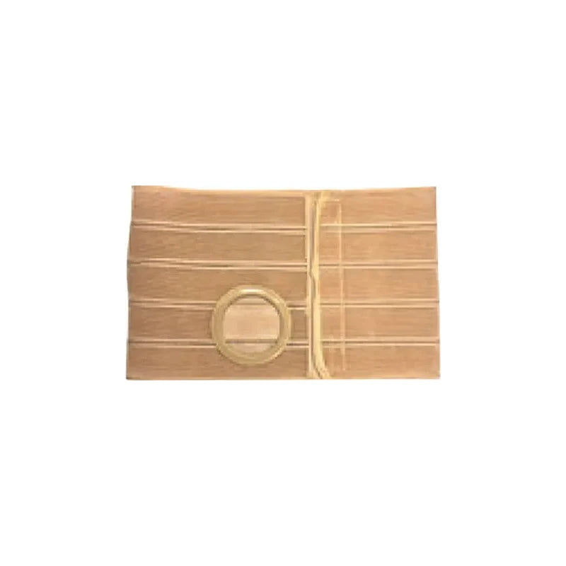 Beige medical abdominal binder with a circular stoma opening, ostomy support belt