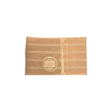 Beige medical abdominal binder with a circular stoma opening, ostomy support belt