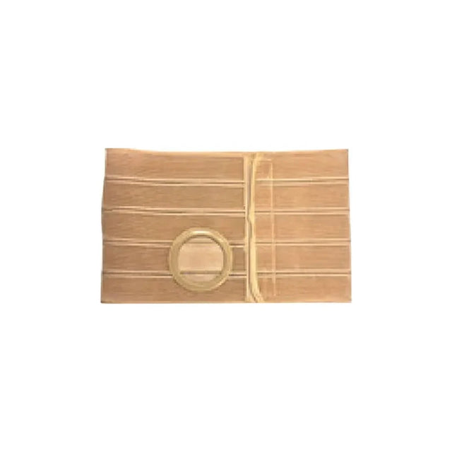 Beige medical abdominal binder with a circular stoma opening, ostomy support belt