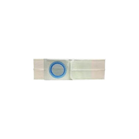 White medical ostomy belt with blue plastic ring for stoma support, isolated on white background.