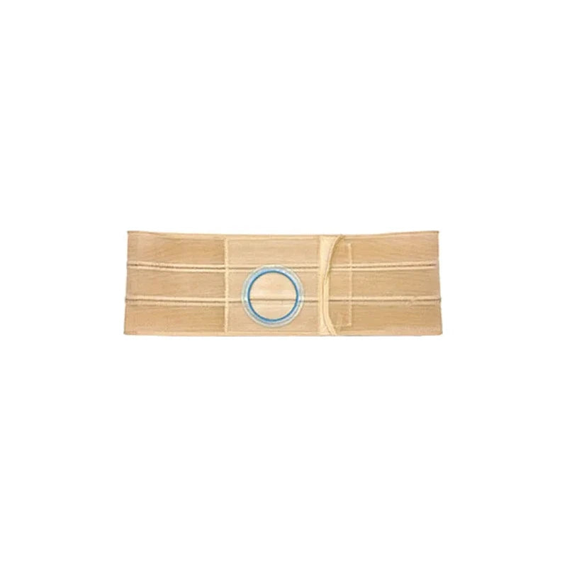 Beige ostomy support belt with blue-ringed stoma opening, medical supply product