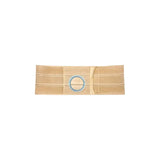 Beige ostomy support belt with blue-ringed stoma opening, medical supply product