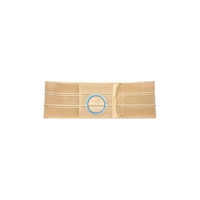Beige ostomy support belt with blue-ringed stoma opening, medical supply product