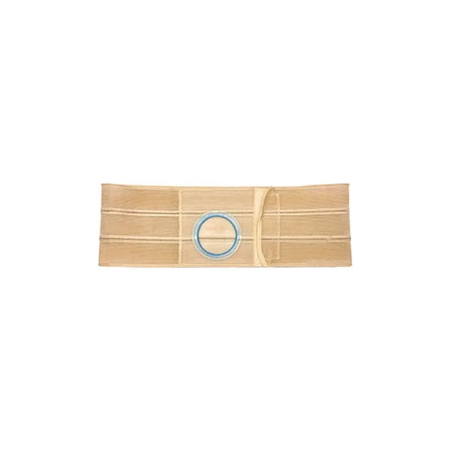 Beige ostomy support belt with blue-ringed stoma opening, medical supply product