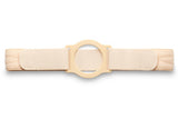 Beige ostomy support belt with large central opening for appliance, adjustable velcro straps