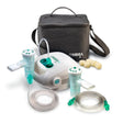 Tabletop nebulizer compressor system with mask, tubing, carry case, and accessories.