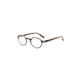Round eyeglasses with black frame and tortoiseshell temples on white background