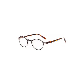 Round eyeglasses with black frame and tortoiseshell temples on white background