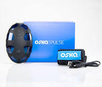 Oska Pulse pain relief device with blue packaging and charging cable on white background