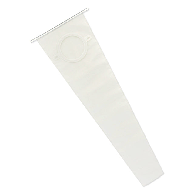 White medical irrigation sleeve with belt tabs, flat and extended on white background
