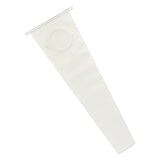 White medical irrigation sleeve with belt tabs, flat and extended on white background