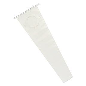 White medical irrigation sleeve with belt tabs, flat and extended on white background