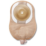 Beige urostomy pouch with round adhesive barrier for ostomy care