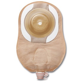Beige urostomy pouch with round adhesive barrier for ostomy care