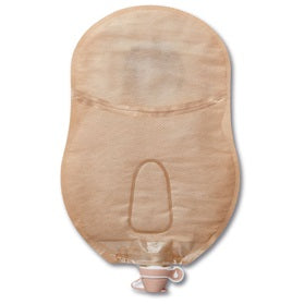 Beige urostomy drainage pouch with discreet spout, medical ostomy supply on white background