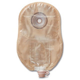Soft convex urostomy pouch with beige body and drainage tap, medical supply product