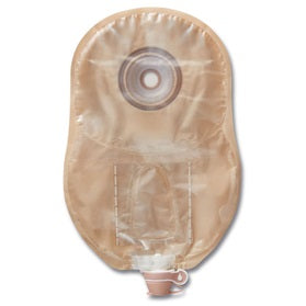 Soft convex urostomy pouch with beige body and drainage tap, medical supply product