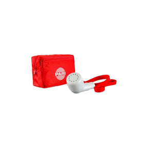 Red medical carrying case with white handheld respiratory inhaler and strap