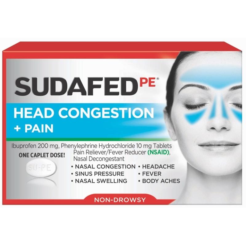 Sudafed PE Head Congestion + Pain caplets packaging with sinus relief highlights