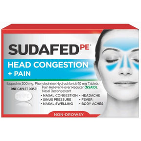 Sudafed PE Head Congestion + Pain caplets packaging with sinus relief highlights