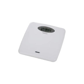 Digital bathroom scale with LCD display on a white background