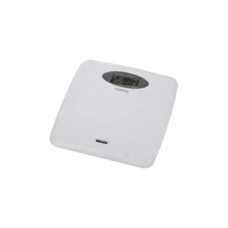 Digital bathroom scale with LCD display on a white background