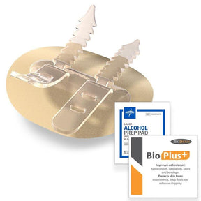 Medical adhesive securement device with alcohol prep pad and skin barrier wipe