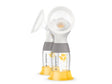 Double electric breast pump kit with two breast shields and collection bottles, white and yellow
