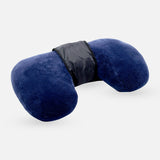 Blue ergonomic neck support pillow with cooling relief feature, viewed on white background.