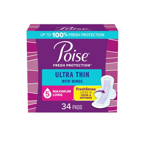 Poise Ultra Thin pads with wings, maximum long, 34 count, fresh protection packaging.