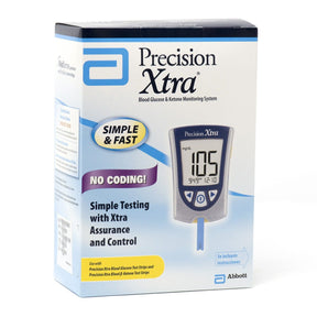 Precision Xtra blood glucose and ketone monitoring system retail box with meter illustration