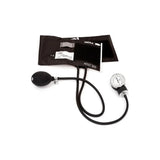 Adult size manual blood pressure monitor with black cuff, bulb, and gauge on white background