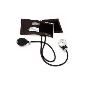 Adult size manual blood pressure monitor with black cuff, bulb, and gauge on white background