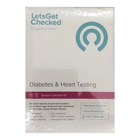 Diabetes and heart testing kit sample collection box with LetsGetChecked branding.