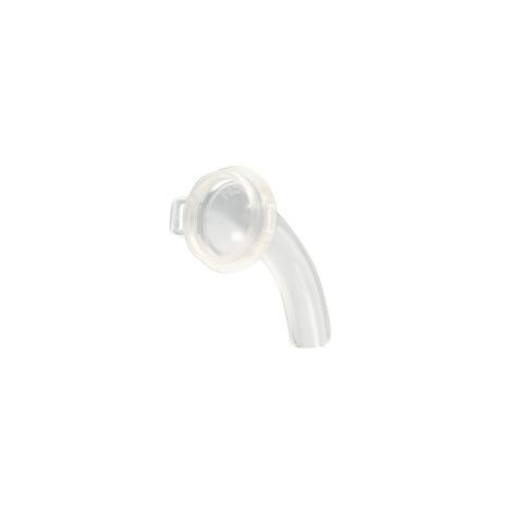 Transparent curved medical tracheostomy tube with flange on white background